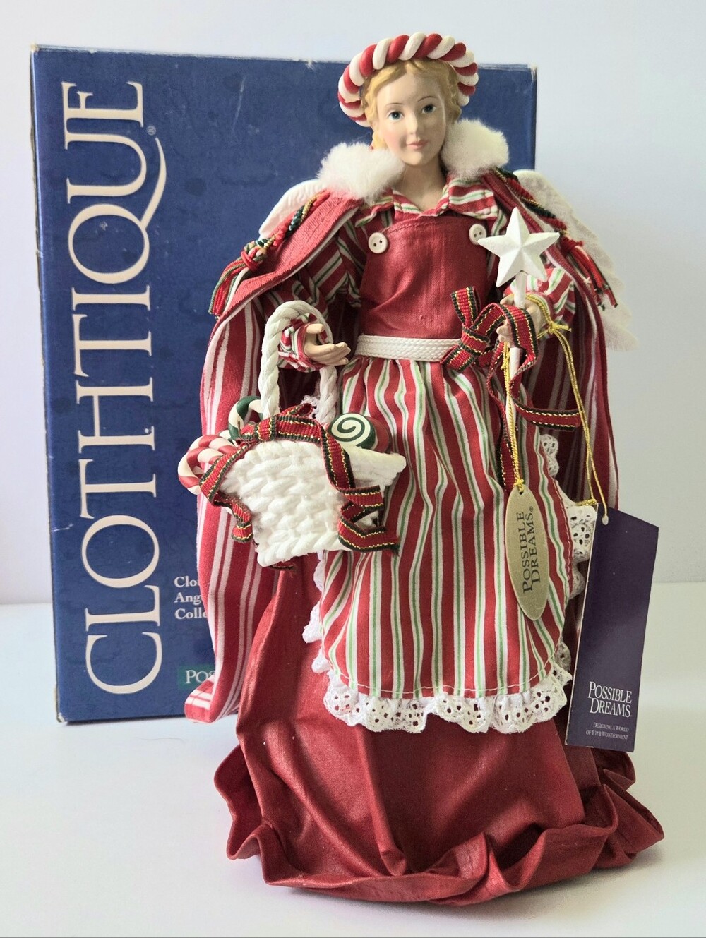 CLOTHTIQUE POSSIBLE DREAMS PEPPERMINT ANGEL TREE TOPPER 10" TALL, TAGS, BOX